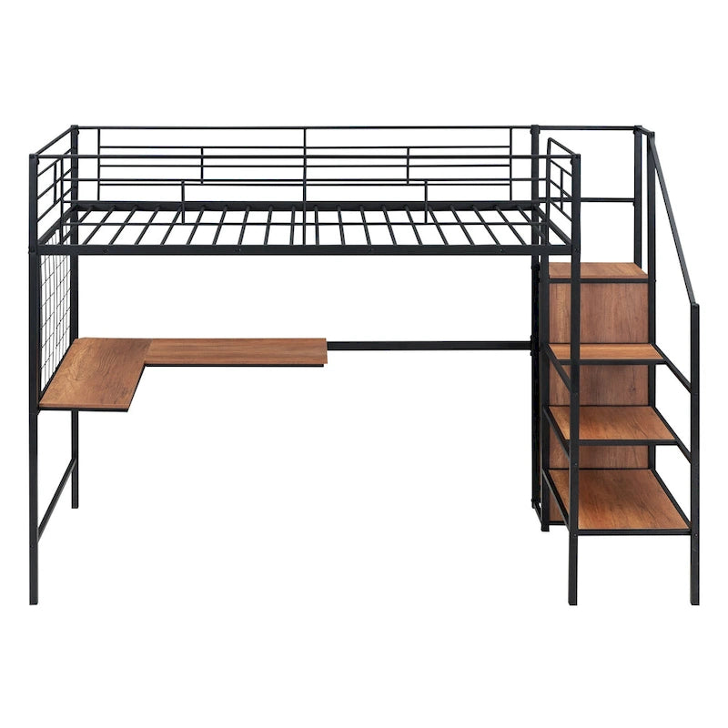 Twin Size Metal Loft Bed with Desk, Storage Ladder and Wardrobe