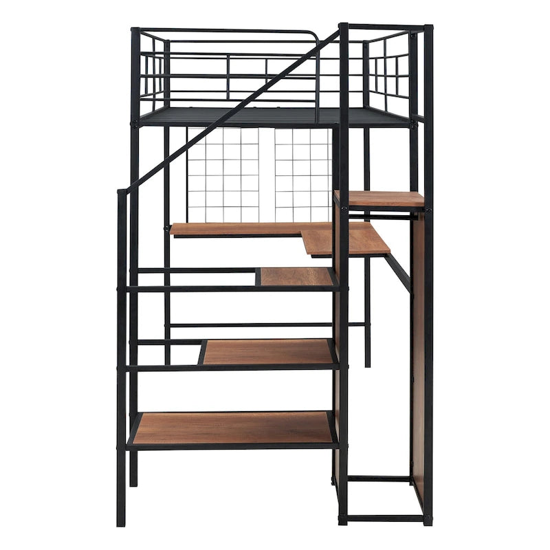 Twin Size Metal Loft Bed with Desk, Storage Ladder and Wardrobe