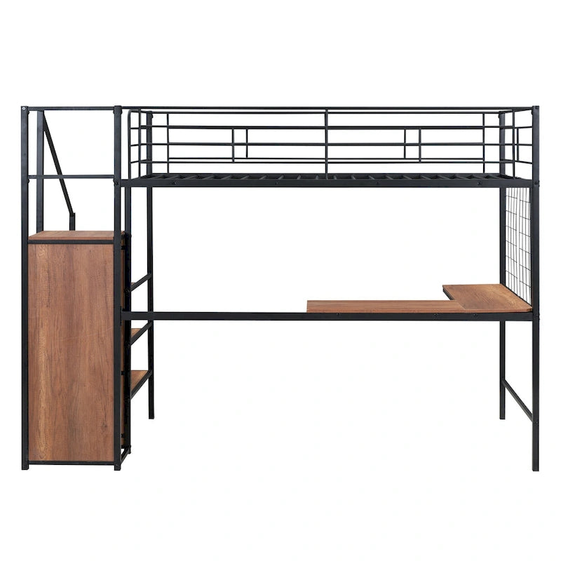 Twin Size Metal Loft Bed with Desk, Storage Ladder and Wardrobe