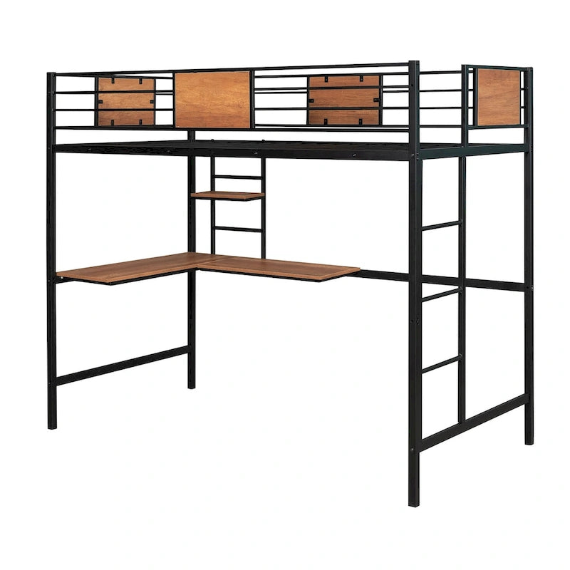 Lit mezzanine en métal avec bureau et étagères