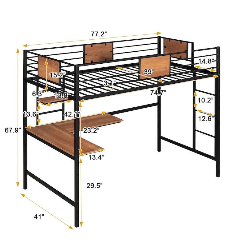 Lit mezzanine en métal avec bureau et étagères