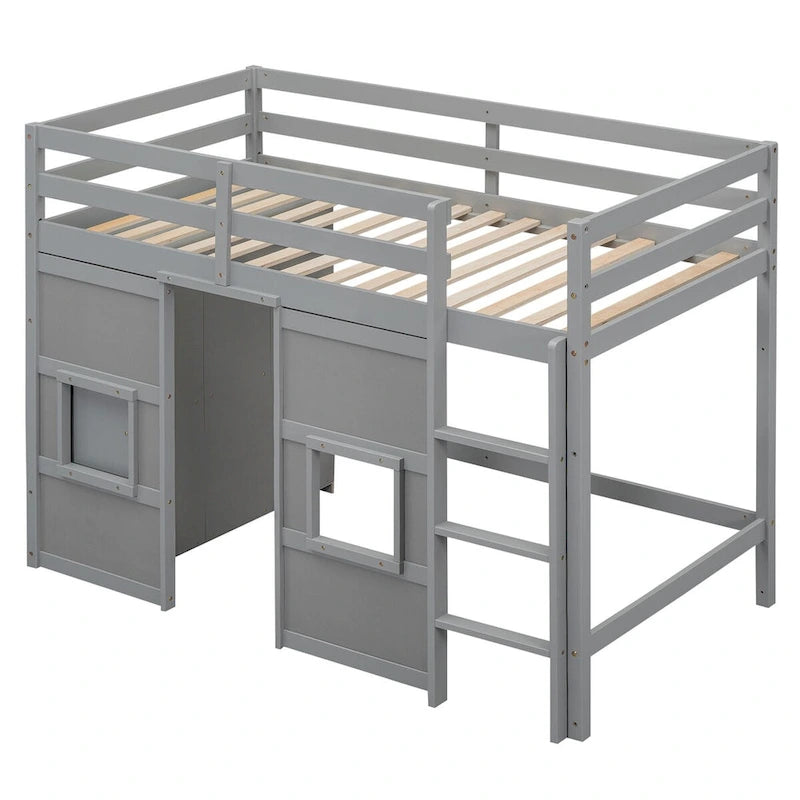 Lit mezzanine double avec armoire de rangement intégrée et 2 fenêtres
