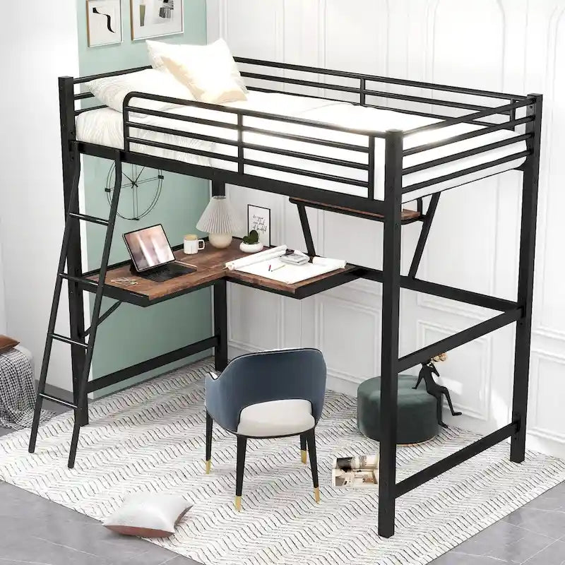 Lit mezzanine en métal et MDF avec bureau et étagère