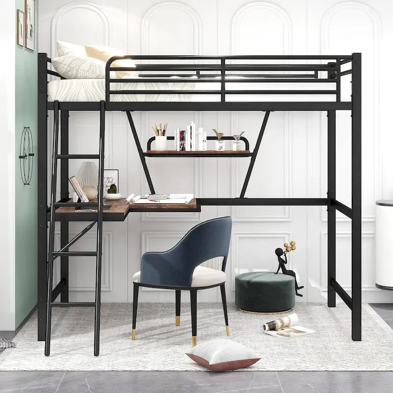 Lit mezzanine en métal et MDF avec bureau et étagère