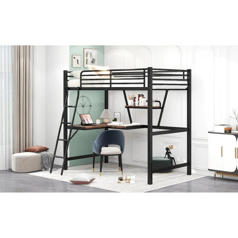 Lit mezzanine en métal et MDF avec bureau et étagère