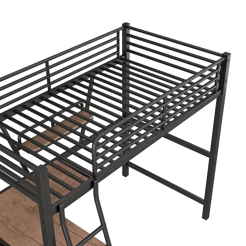 Lit mezzanine en métal et MDF avec bureau et étagère