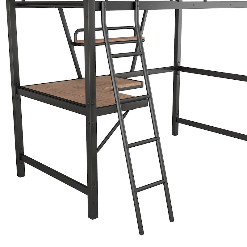 Lit mezzanine en métal et MDF avec bureau et étagère