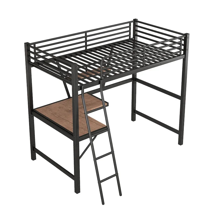 Lit mezzanine en métal et MDF avec bureau et étagère