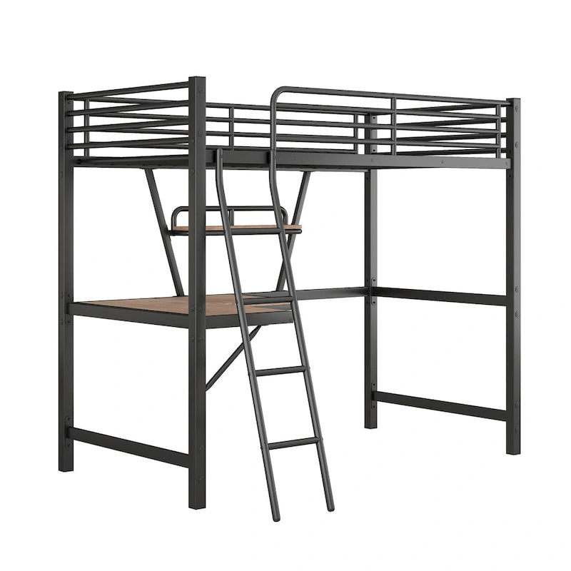 Lit mezzanine en métal et MDF avec bureau et étagère