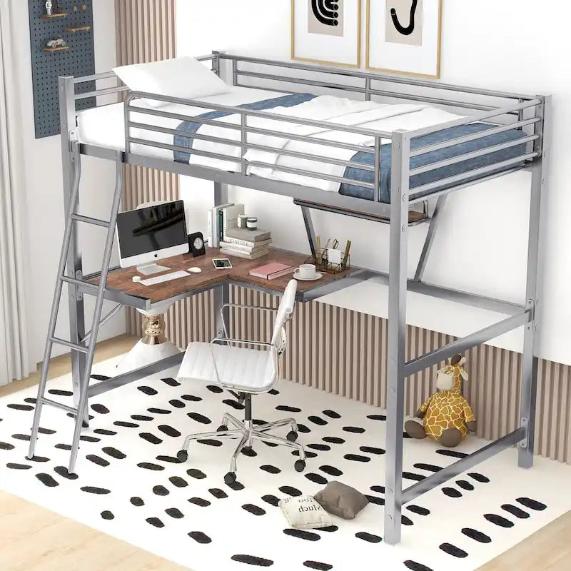 Lit mezzanine en métal et MDF avec bureau et étagère