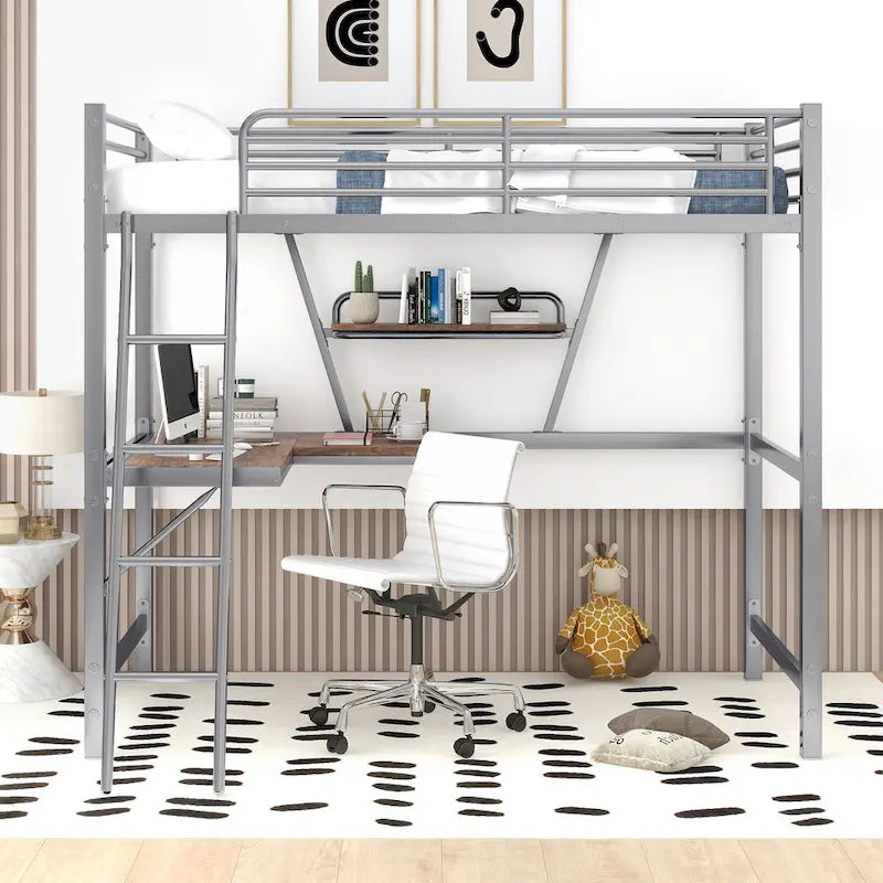 Lit mezzanine en métal et MDF avec bureau et étagère