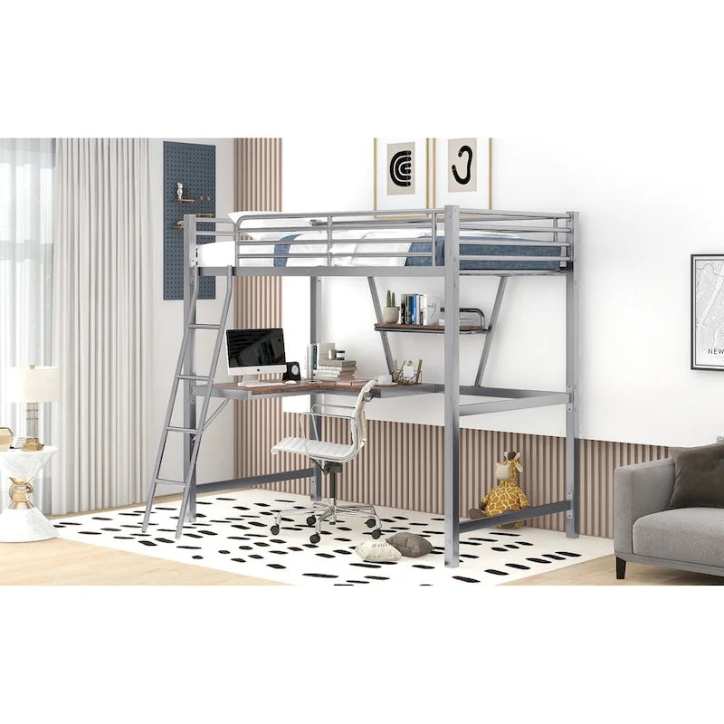 Lit mezzanine en métal et MDF avec bureau et étagère