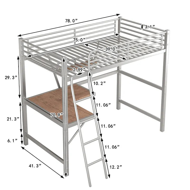 Lit mezzanine en métal et MDF avec bureau et étagère