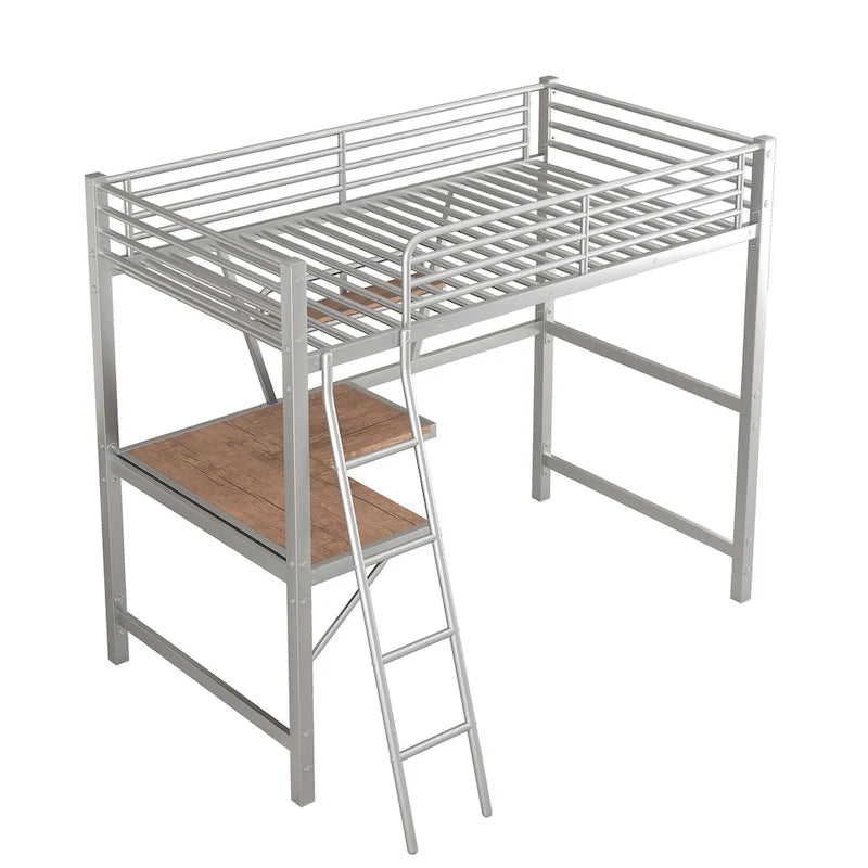 Lit mezzanine en métal et MDF avec bureau et étagère