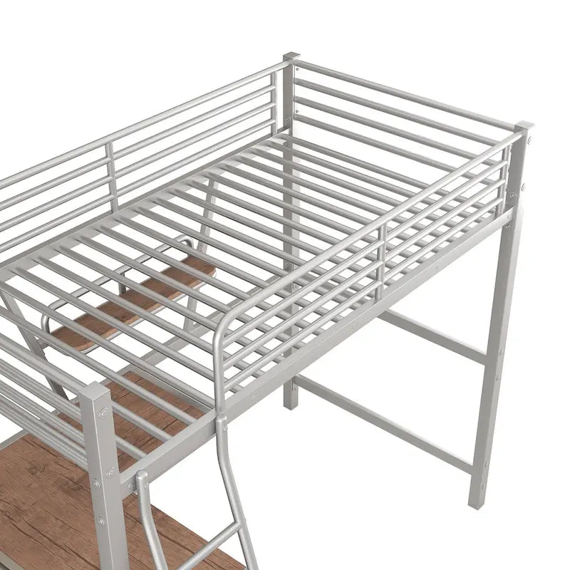 Lit mezzanine en métal et MDF avec bureau et étagère