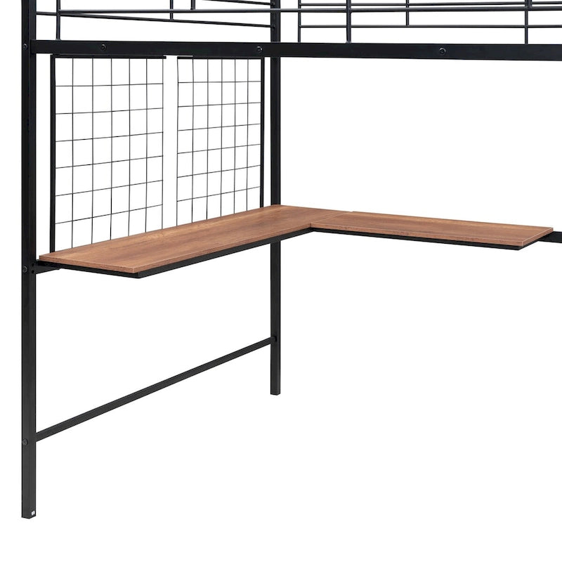 Lit mezzanine en métal pleine grandeur avec bureau, grille métallique, échelle de rangement latérale et armoire