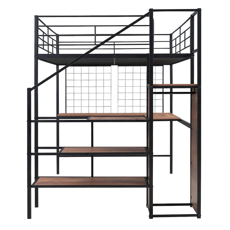 Lit mezzanine en métal pleine grandeur avec bureau, grille métallique, échelle de rangement latérale et armoire