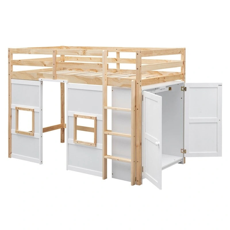 Lit mezzanine en bois, taille double, avec armoire de rangement intégrée et 2 fenêtres