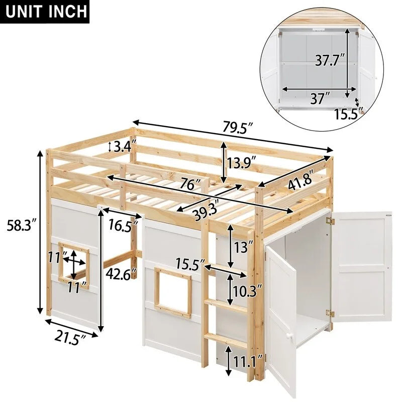 Lit mezzanine en bois, taille double, avec armoire de rangement intégrée et 2 fenêtres