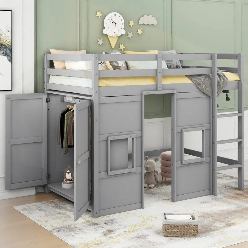 Lit mezzanine en bois, taille double, avec armoire de rangement intégrée et 2 fenêtres