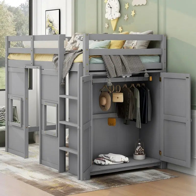 Lit mezzanine en bois, taille double, avec armoire de rangement intégrée et 2 fenêtres