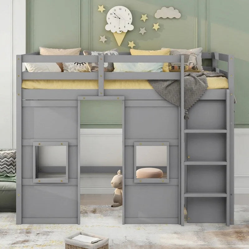 Lit mezzanine en bois, taille double, avec armoire de rangement intégrée et 2 fenêtres