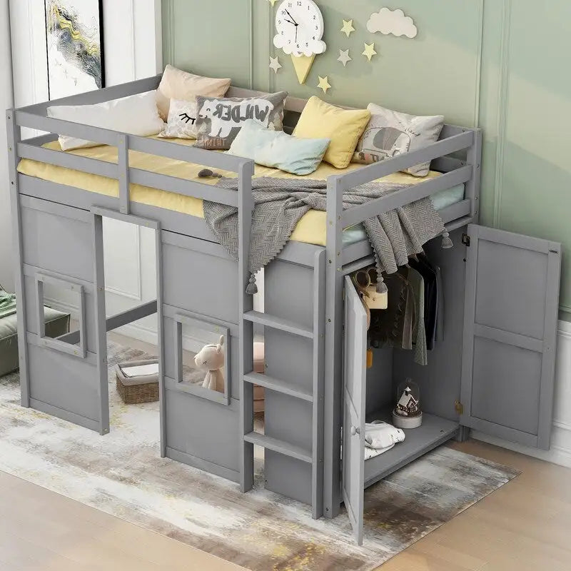 Lit mezzanine en bois, taille double, avec armoire de rangement intégrée et 2 fenêtres