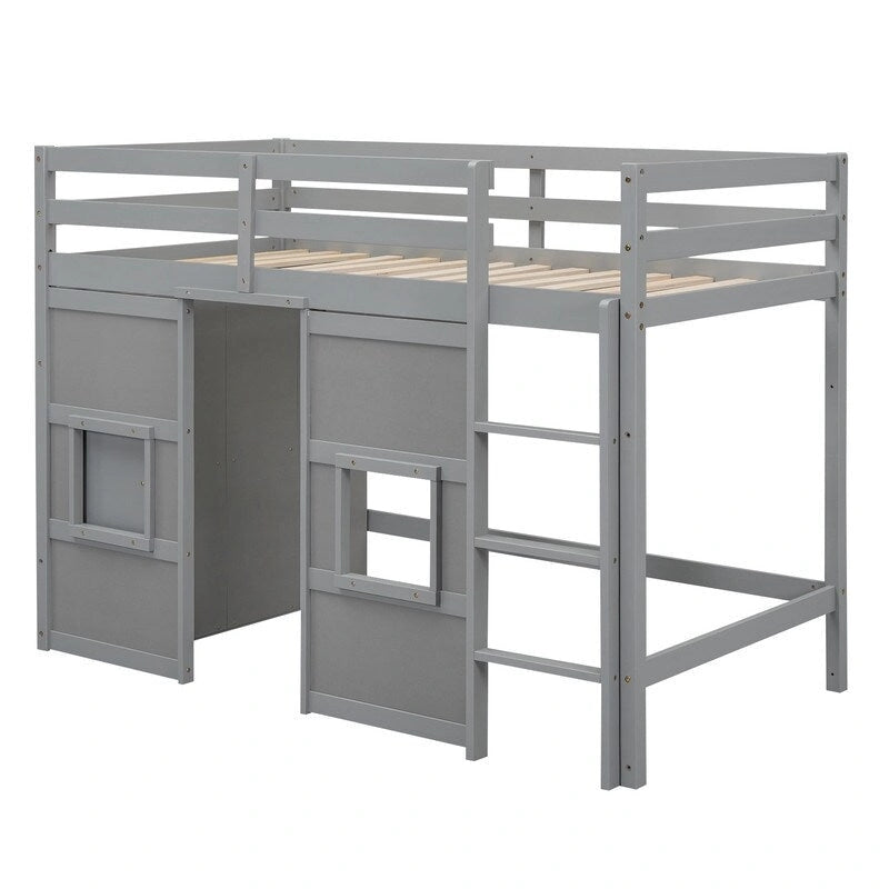Lit mezzanine en bois, taille double, avec armoire de rangement intégrée et 2 fenêtres