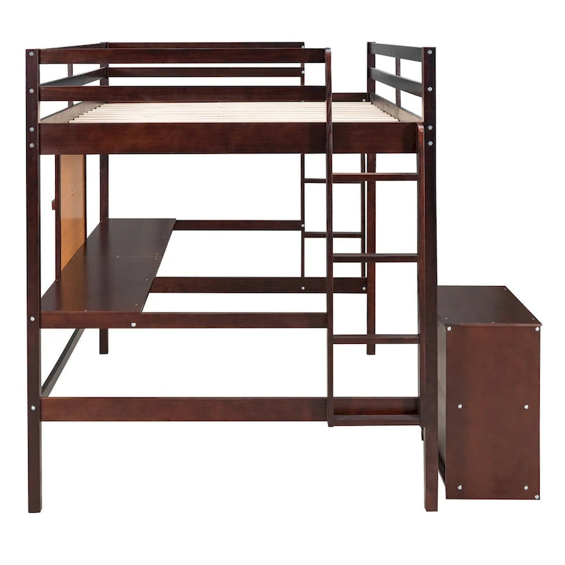 Lit mezzanine en bois pleine grandeur avec bureau, tableau d'écriture, 2 tiroirs et armoire