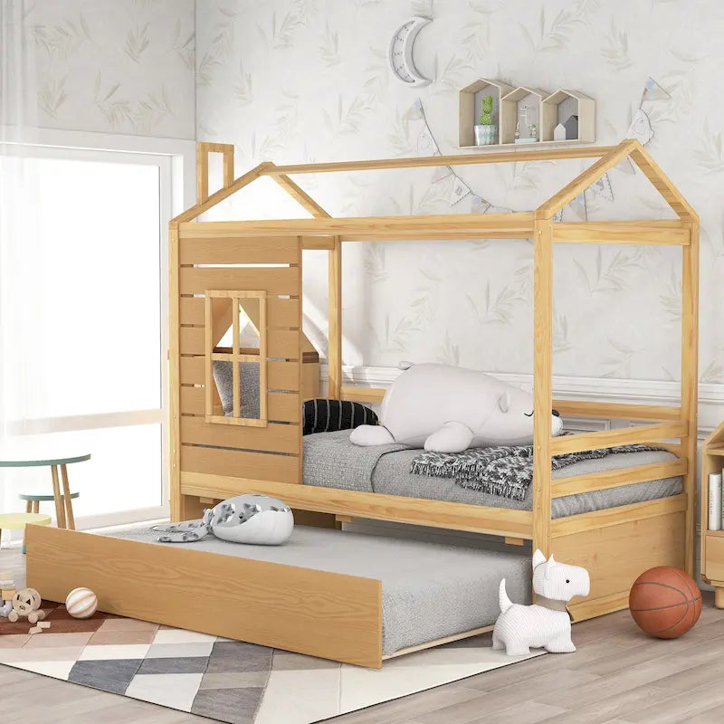 Twin House Bed with Trundle, Roof and Windows