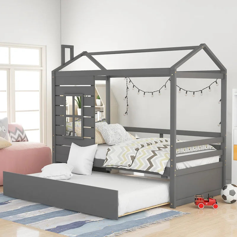 Twin House Bed with Trundle, Roof and Windows