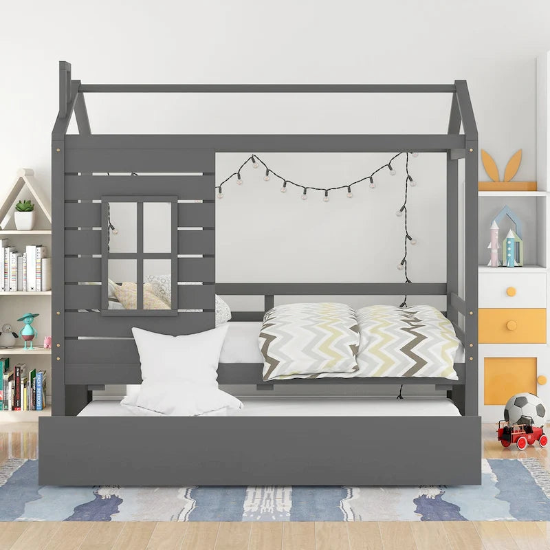 Twin House Bed with Trundle, Roof and Windows