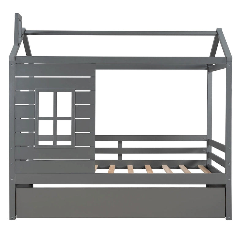 Twin House Bed with Trundle, Roof and Windows
