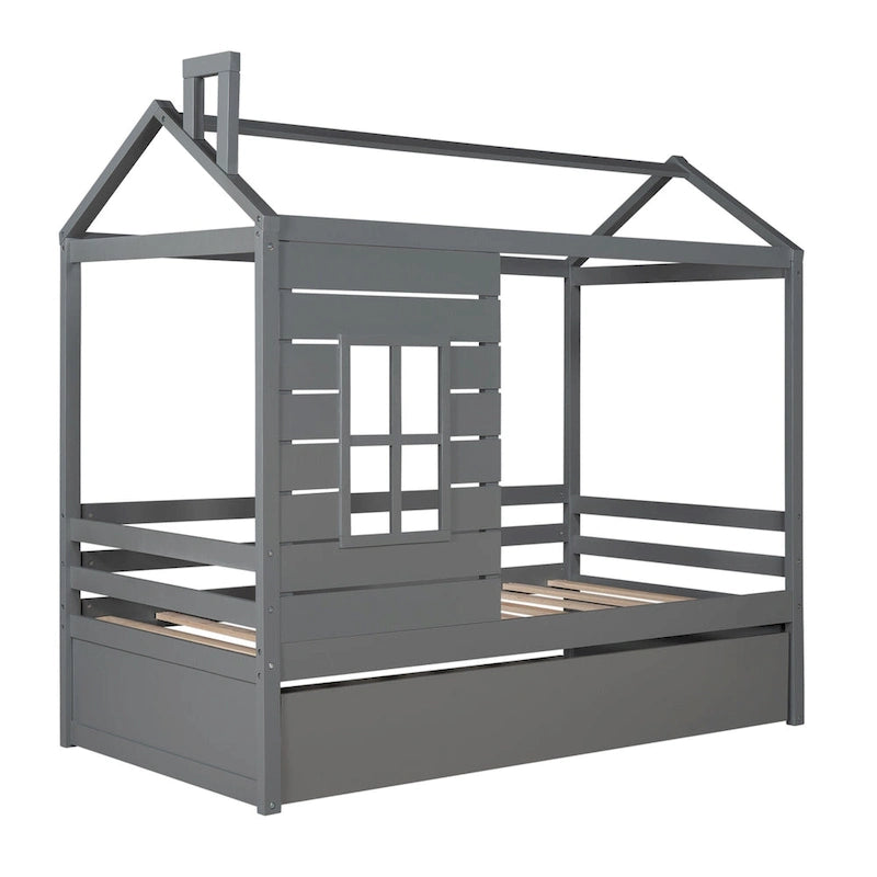 Twin House Bed with Trundle, Roof and Windows