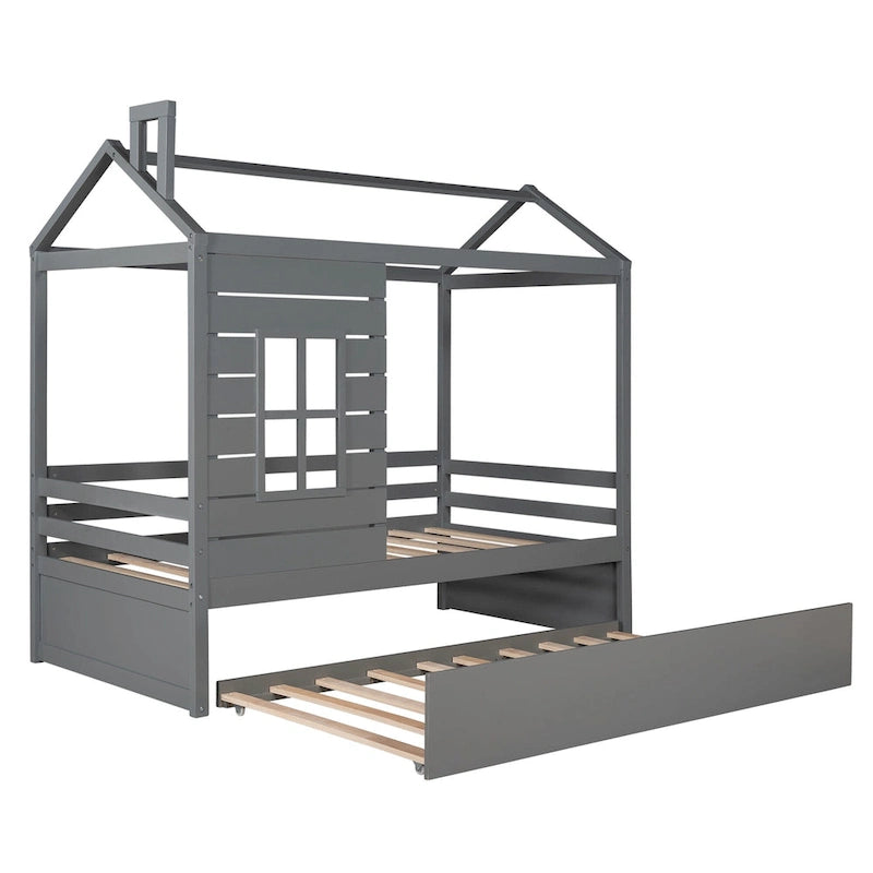 Twin House Bed with Trundle, Roof and Windows