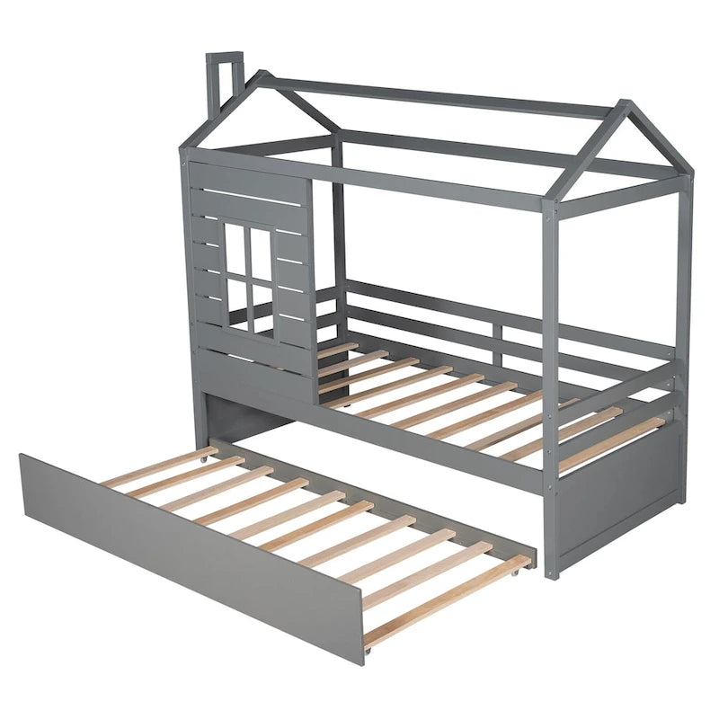 Twin House Bed with Trundle, Roof and Windows