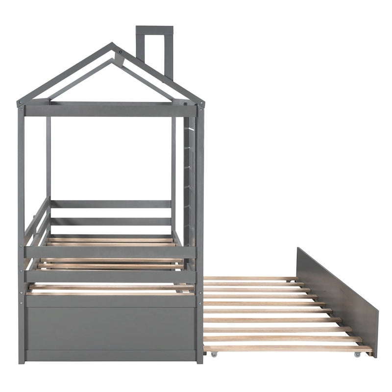 Twin House Bed with Trundle, Roof and Windows