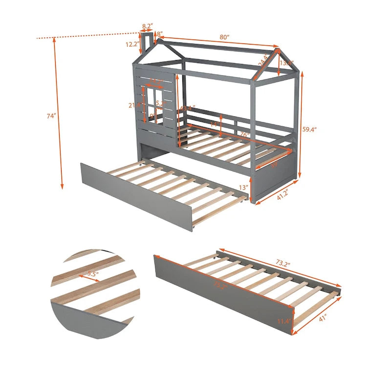 Twin House Bed with Trundle, Roof and Windows