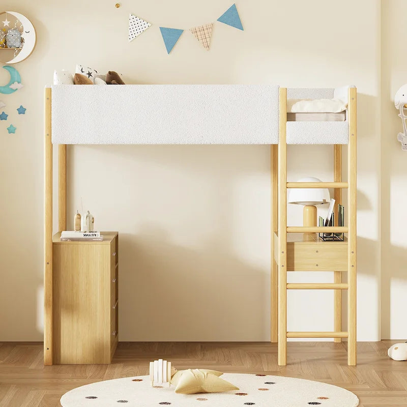 Lit mezzanine en polaire Teddy (taille lit simple) avec bureau et rangement