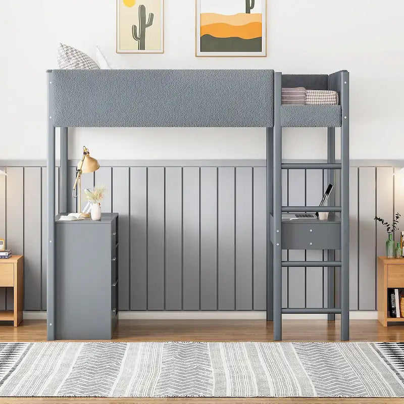 Lit mezzanine en polaire Teddy (taille lit simple) avec bureau et rangement