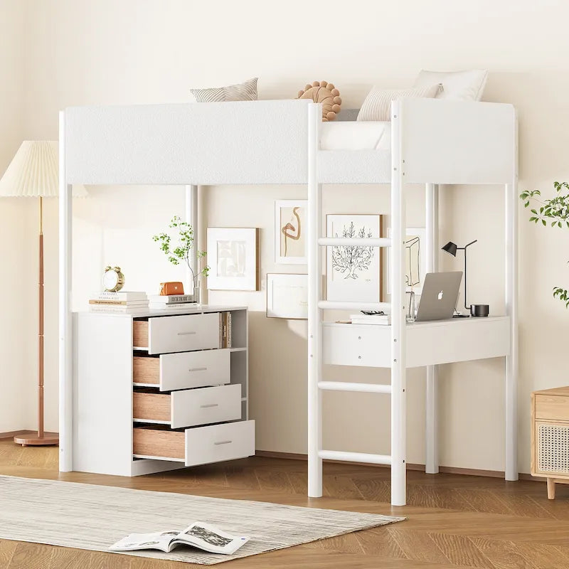 Lit mezzanine en polaire Teddy (taille lit simple) avec bureau et rangement