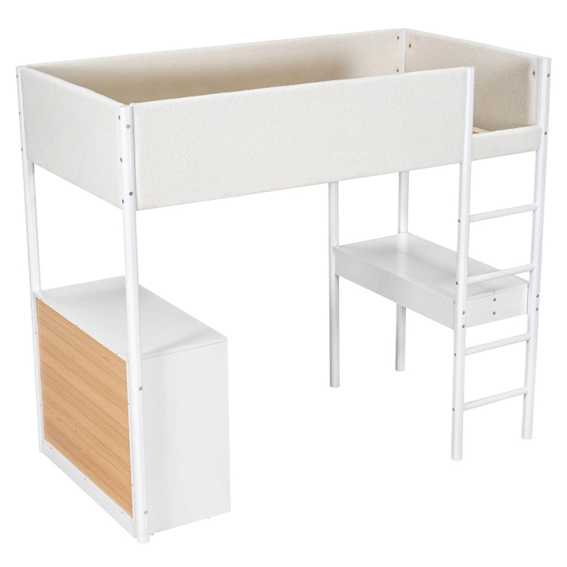 Lit mezzanine en polaire Teddy (taille lit simple) avec bureau et rangement
