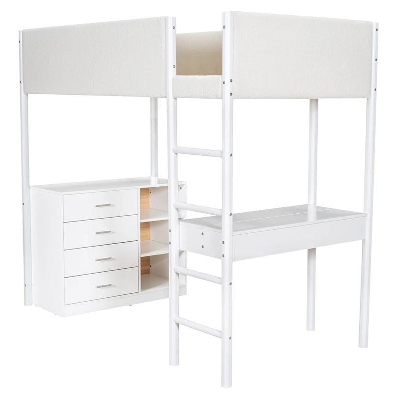 Lit mezzanine en polaire Teddy (taille lit simple) avec bureau et rangement