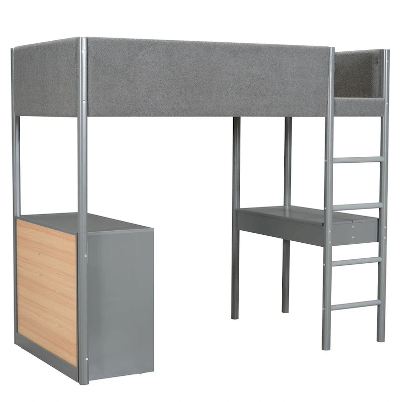 Lit mezzanine en polaire Teddy (taille lit simple) avec bureau et rangement