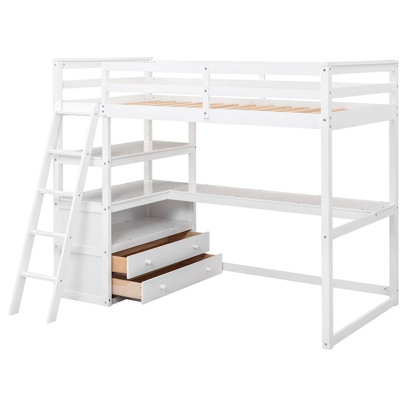 Lit mezzanine blanc avec bureau, étagères et deux tiroirs intégrés