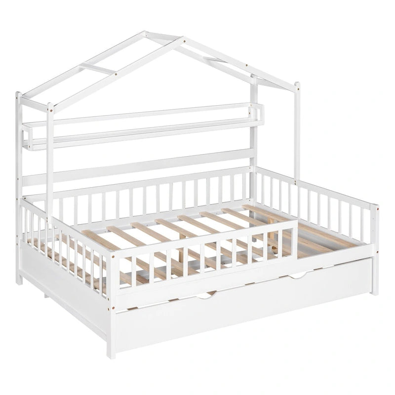 White Kids Wooden House Bed with Twin Size Trundle and Shelf