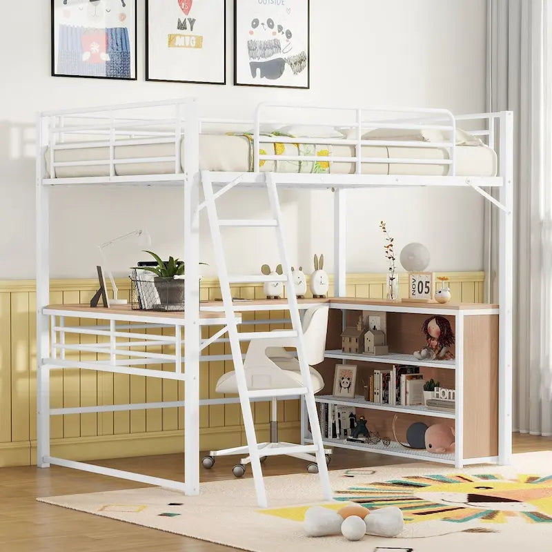 Lit mezzanine en métal avec bureau en L, 3 étagères et échelle réversible