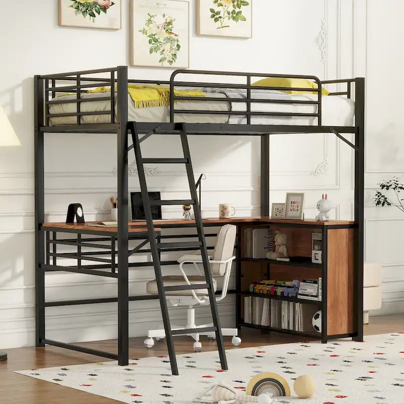 Lit mezzanine en métal avec bureau en L, 3 étagères et échelle réversible