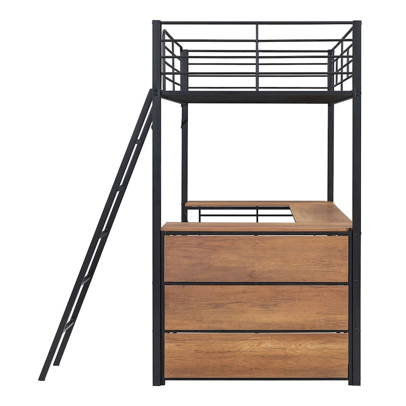 Lit mezzanine en métal avec bureau en L, 3 étagères et échelle réversible