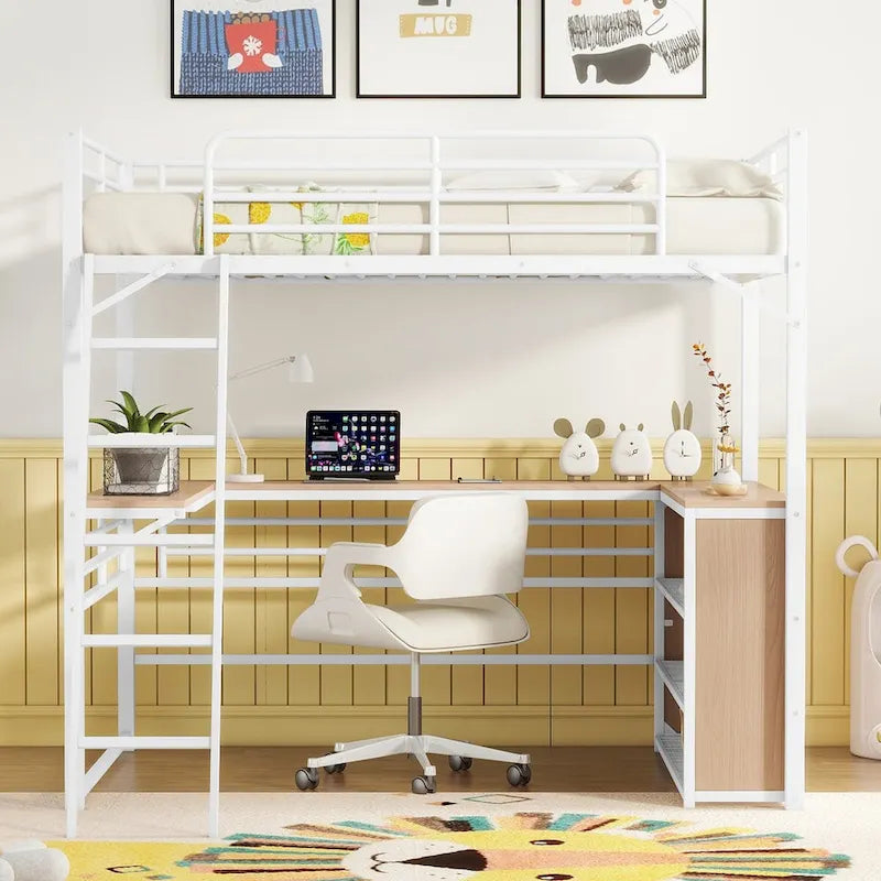 Lit mezzanine en métal avec bureau en L, 3 étagères et échelle réversible